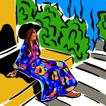 Illustration of a girl in a bright multi-colored dress and a cowboy hat who sits on the porch.
