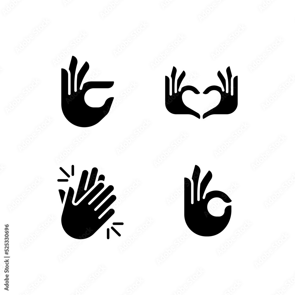 Poster body language signals black glyph icons set on white space. hands gestures and emotion expression. c