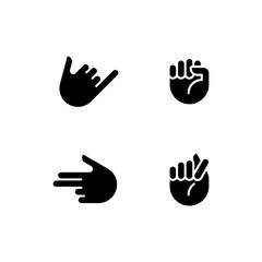 Obraz premium Friendly and aggressive gestures black glyph icons set on white space. Informative hand positions. Body language. Silhouette symbols. Solid pictogram pack. Vector isolated illustration