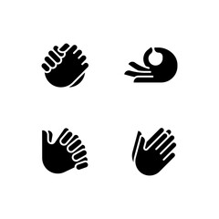 Fototapeta premium Gestures communication process black glyph icons set on white space. Hand signals. Expression and greeting signs. Silhouette symbols. Solid pictogram pack. Vector isolated illustration