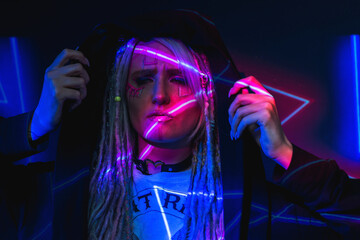 Cyber ​​girl in neon in cyberpunk style