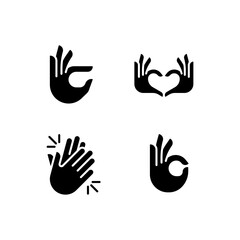 Body language signals black glyph icons set on white space. Hands gestures and emotion expression. Communication. Silhouette symbols. Solid pictogram pack. Vector isolated illustration