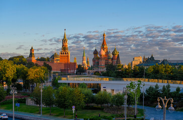 Spasskaya Tower, Moscow Kremlin, Saint Basil's Cathedral, Park Zaryadye in Moscow, Russia. Architecture and landmarks of Moscow. Postcard of Moscow
