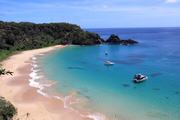 Sancho Beach, at Fernando de Noronhha, Brazil, with blue and cristaline sea and white sand, seen from the hill