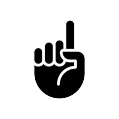 Attention sign black glyph icon. Raised up index finger. Informative hand gesture. Warning signal. Body language. Silhouette symbol on white space. Solid pictogram. Vector isolated illustration