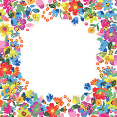 Vector floral frame. Bright summer flowers arrange in border on white background.