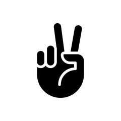 Peace sign black glyph icon. Pacifistic hand gesture. Positive wish. Communication with body language. Silhouette symbol on white space. Solid pictogram. Vector isolated illustration