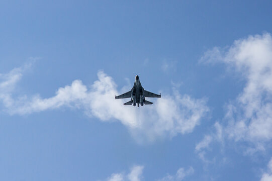 MAKS-2011. Soviet-Russian multi-role fighter Su-35 (NATO - Flanker-E) generation 4 ++ performs demonstration flight over Gromov airfield. Close-up. Zhukovsky, Russia - August 16, 2011