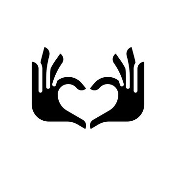 Hands heart gesture black glyph icon. Showing affection and love. Romantic relationship. Charity activity. Silhouette symbol on white space. Solid pictogram. Vector isolated illustration