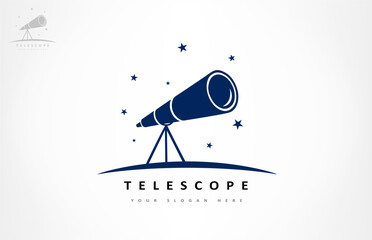 Telescope, night sky and stars logo vector. Astronomy design.