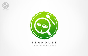 Cup with tea and saucer and tea leaf logo vector. Teahouse cafe design.