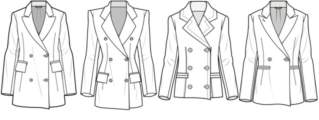 Women Longline Blazer, Double Breasted Blazer  Sets Fashion Illustration, Vector, CAD, Technical Drawing, Flat Drawing, Template, Mockup.	