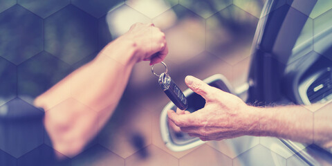 Man getting his car keys, geometric pattern