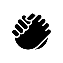 Friendly handshake black glyph icon. Joining hands. Buddies greeting gesture. Body language expression. Silhouette symbol on white space. Solid pictogram. Vector isolated illustration