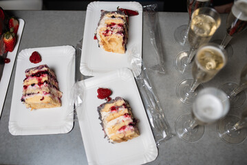 delicious dessert napolon served with champagne. photo of dessert in the interior.