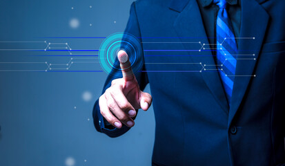 Security concepts and innovative biometric technologies. Man wearing suit and tie is using...