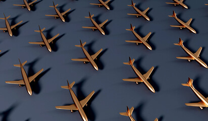 Luxury gold airplane against a dark background. VIP travel concept. 3D Rendering