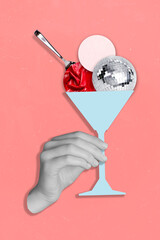 Creative 3d retro pinup pop photo collage artwork postcard poster sketch of arm hold present cocktail glass isolated on drawing background
