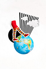 Collage photo of legs wear lgbt colorful socks walking around earth world sphere bad weather...