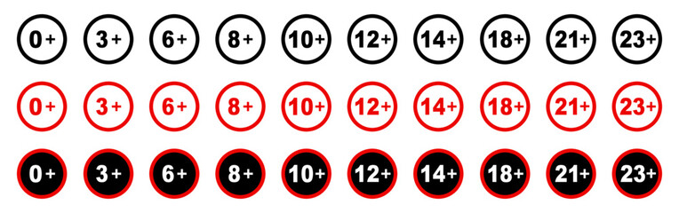 Age restriction signs. Set of age restriction signs. Adults content only age restriction 12, 14, 16, 18, 21, 23 plus years old icon. Sensitive content age plus and adults only concept symbols.