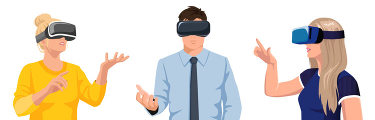 Young man, woman, girl, students enjoy of meta verse education in vr glasses. Set of people in virtual reality headset gaming in 3d space. Digital technologies for entertainment. Vector illustration