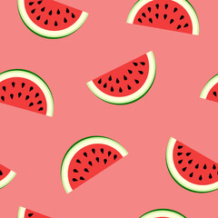 Watermelon slice isolated on pink background. Vector seamless pattern illustration. Sweet food. Icon. Summer mood. Fashion modern fabric. Cute summer print design for clothes, fabric, paper. Wallpaper