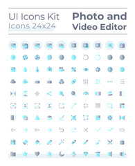 Photo and video editor tools flat gradient color ui icons set. Multimedia adjustment. Digital program. Vector isolated RGB pictograms. GUI, UX design for web, mobile. Montserrat Bold, Light fonts used