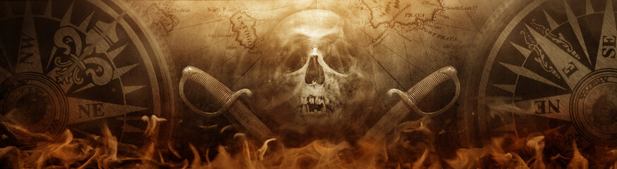 Pirate skull and saber and an old compass, ancient map. Background on the theme of history,...