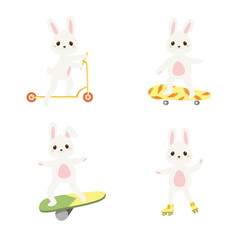 Cute baby rabbit set in cartoon style. Bunny are engaged in outdoor summer activities on a white background.  Vector illustration for designs, prints and patterns. 