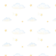 Watercolor pattern depicting vintage cute fairy tale children's toys and clouds, moon
