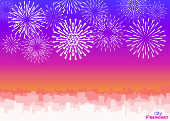 Fototapeta na wymiar Celebrated festive firecracker over town. City silhouette with white fireworks. Vector skyscrapers landscape with bright holiday salute