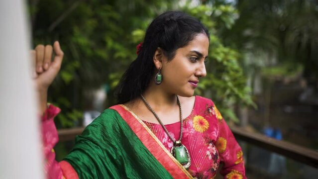 Beautiful Indian woman in traditional chaniya choli for navratri. Navratri is an Indian Festival and Chaniya choli its traditional costume