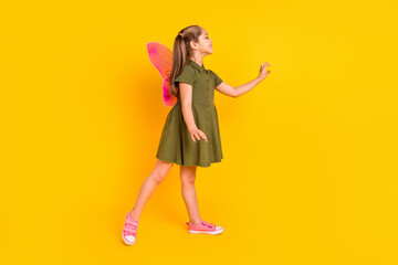 Full body photo of nice positive pupil girl wear butterfly wings hand touch empty space isolated on yellow color background