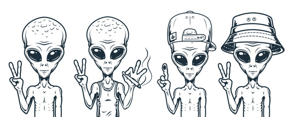 Aliens UFO stickers vintage monochrome