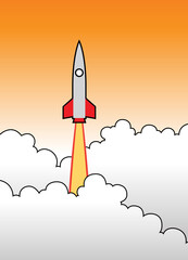 Cartoon Rocket Launch Over an Orange Sky