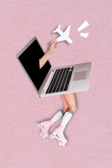 Creative abstract template graphics image of laptop roller rider arms growing screen holding plane...