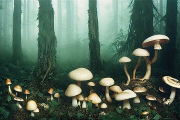 Ancient fairy forest with spooky old knotted trees and mysterious lingering fog - various mushrooms and toadstools grow abundantly in these sacred magical woods.  - obrazy, fototapety, plakaty