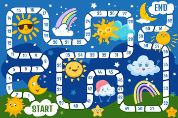 Family board game for children. Kids boardgame with cute weather elements on dark sky. Path, numbers and sun, moon, colorful rainbow, funny cloud and happy star on playing field vector illustration.