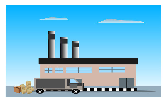 Logistics and merchandise warehouse with shipping truck ready to load product packages. Business concept, trade and distribution transport. Vector ilustration.