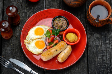 breakfast fried egg with sausage and vegetables in a red plate on a black background
