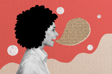 Creative collage profile photo of young journalist woman screaming dialogue bubble newspaper text...