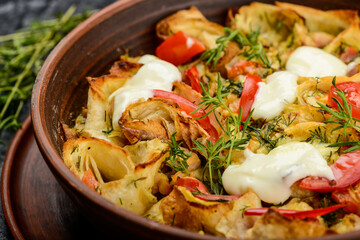 Pancakes with cheese, tomatoes and greens in a ceramic pan, macro photo

