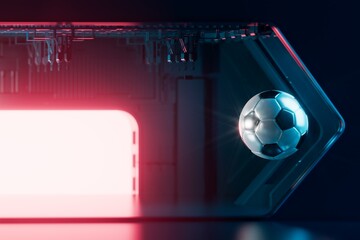 football 3d object in the abstract background, arena concept design, copy space, 3d illustration, glow neon light text frame, 3d rendering element, soccer game sport, sports equipment, realistic ball