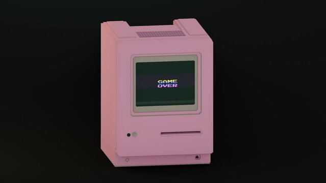 Game Over pixel art glitched text on retro looking computer monitor. 3D Animation