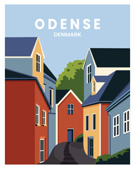 odense denmark poster landscape with houses. vector illustration with minimalist style. - obrazy, fototapety, plakaty