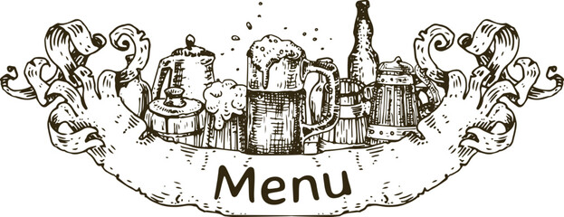 Menu design for a pub or wine bar. Freehand drawing.