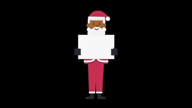 Black Santa Claus holding a white blank poster or board where you can write a message