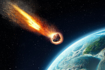 Meteor with flame flies to the Earth. Asteroid and apocalypse. Digital Art Illustration Painting Hyper Realistic.