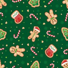 Christmas Seamless Pattern With GIngerbread Man, Santa Claus, Christmas Tree, And Candy Cane On Green Background. Cute Cartoon Illustration