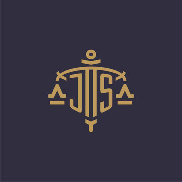 Monogram JS logo for legal firm with geometric scale and sword style